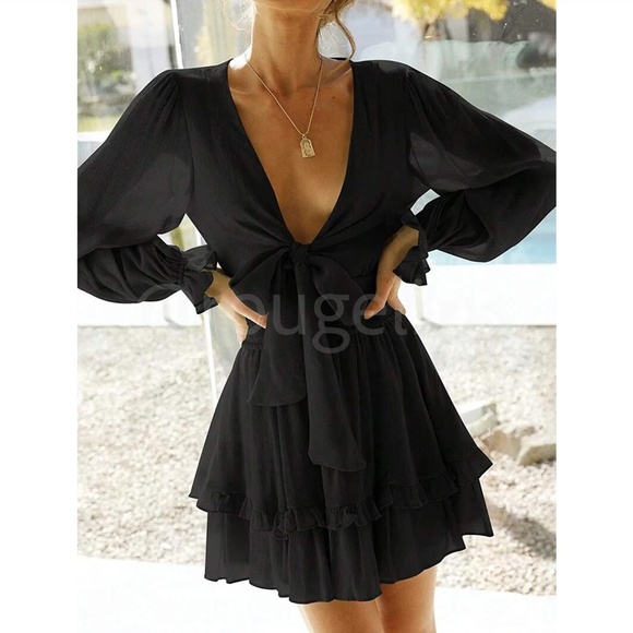 Black Boho Mini Dress Frill, Ruffle Hem Shirred Waist Fit & Flare - Picture 6 of 8
